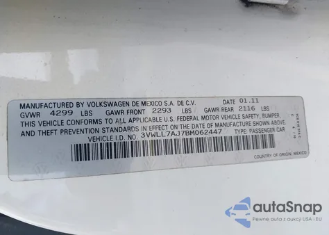 2011 Volkswagen Jetta 2.0L Tdi из США, поврежденный, VIN 3VWLL7AJ7BM062447